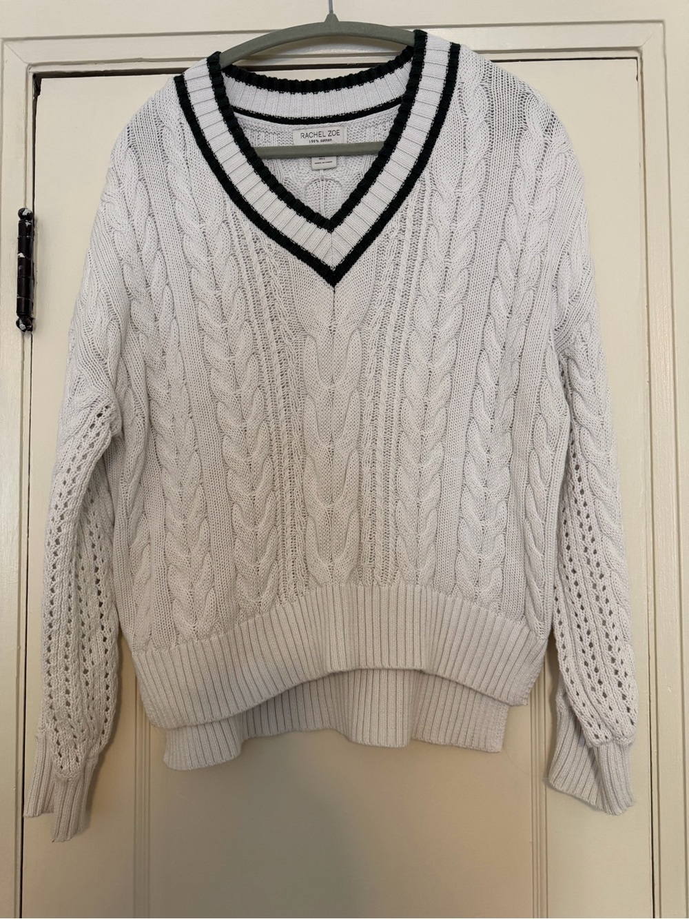 Rachel Zoe White Cable-Knit V-Neck Sweater with Green Trim